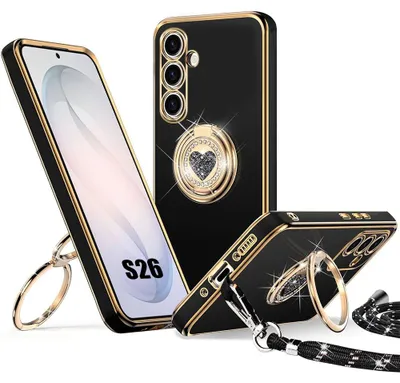 Image de Coque pour Samsung Galaxy S26, Silicone Souple Anti-Rayures avec Cordon et Anneau Rotatif - Noir