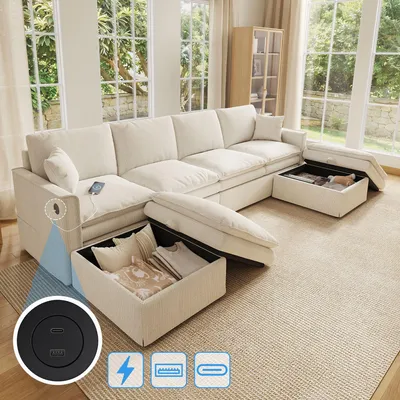 Produktbild von Merax U-förmiges Ecksofa, 6-Sitzer Modulares Sofa mit Stauraumhockern, L-Form umwandelbar, USB & Type-C Anschluss, Baumwoll-Leinen Bezug, Beige