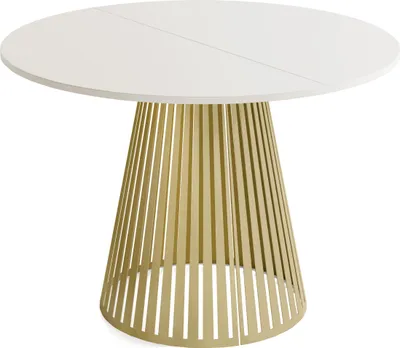 Produktbild von Esstisch Rund Ausziehbar mit Lamellen im Loft-Stil – 100 bis 180 cm – Industrieller Tisch mit Goldenen Metallbeinen, Platzsparend für Wohnzimmer oder Esszimmer – Beige Kaschmir