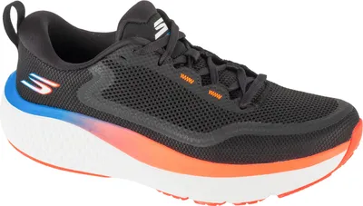 A side view of a single black athletic shoe with a white sole and colorful accents.