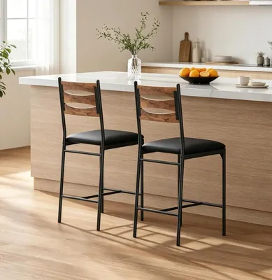 Produktbild von 2er Set Barhocker Braun mit Rückenlehne, Gepolsterte Tresenhocker aus PolyurethanKunstleder mit Metallgestell und Fußstütze