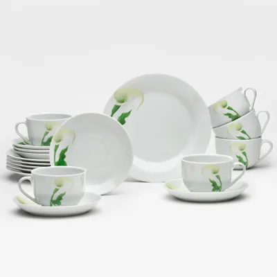 Produktbild von Kaffee-Set Elegant Calla 18-teilig Porzellan weiß mit floralem Nachbildung für 6 Personen – Obertassen 230 ml, Untertassen 14,6 cm, Dessertteller 19,7 cm