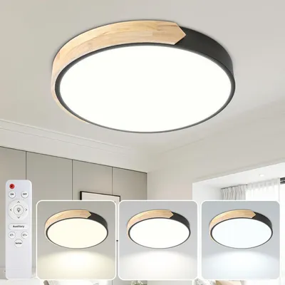 Zdjęcie produktu dla Lampa sufitowa LED Vigevee z drewna, 40 cm, 60 W, z funkcją ściemniania i pilotem, okrągła lampa do salonu, czarna, 3000–6000 K