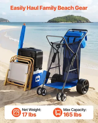 Zdjęcie produktu dla Wózek plażowy z dużymi kołami do piasku, nośność 75 kg, wytrzymały, składany wózek plażowy z pełnymi kołami o średnicy 250 mm, izolowaną torbą chłodzącą, uchwytem na parasol oraz miejscem na 4 krzesła – idealny na kemping i wędkowanie