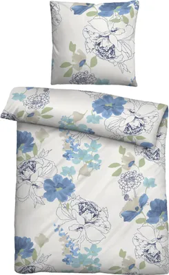 Produktbild von Traumhaft schlafen - Castell - Markenbettwäsche Feinbiber Bettwäsche 0030979 FLOWERPOWER color: taubenblau, size: 1x 155x220 cm + 1x 80x80 cm