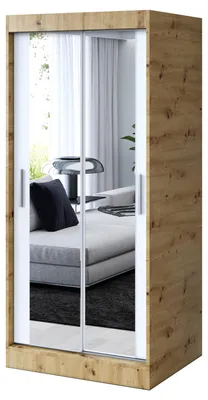 Produktbild von Kleiderschrank Artisan Eiche & Weiß Matt - 90x200cm - Schiebetürenschrank KARL - mit 2 Spiegeln - für Schlafzimmer & Garderobe