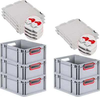 Produktbild von SuperSparSet 5x Eurobox NextGen Color mit Scharnierdeckel und Schiebeschnappverschlüssen | HxBxT 17x30x40cm | 16 Liter | Grau | Griffe rot offen | Glatter Boden | Eurobehälter, Transportbox, Transportbehälter, Stapelbehälter