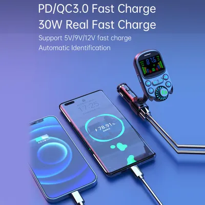 Produktbild von Auto-BT-MP3-Player, FM-Transmitter, PD+QC3.0-Ladeadapter mit 2-Zoll-OLED-Bildschirm, unterstützt Freisprechen, Wiedergabe von U-Disk/TF-Karte, Sprachassistent, Höhen/Bass, einstellbare Spannungsanzeige