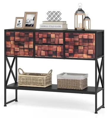 Produktbild von KOMFOTTEU Konsolentisch, Eingangstisch mit 4 Stoffschubladen & Ablage, Flurtisch im Vintage Stil, Sofatisch mit Holz-Mosaikmuster, Beistelltisch für Flur, Wohnzimmer & Schlafzimm, 98,5 x 29 x 79,5 cm