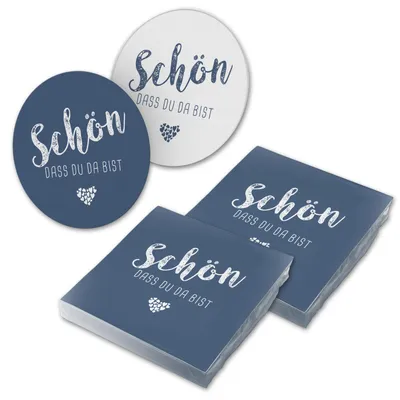 Produktbild von itenga 40x Serviette Schön dass du da bist dunkelblau mit Bierdeckel Set