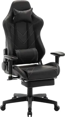 Produktbild von Gamingstuhl – Schwarz Kunstleder – Ergonomisch – Höhenverstellbar – Mit Fußstütze – Gaming- und Bürostuhl