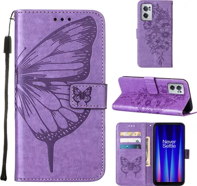 Produktbild von OnePlus Nord CE 2 5G Hülle, Schmetterling Prägung Flip Leder Kartenfächer Schutzhülle Ledertasche mit Ständer für OnePlus Nord CE 2 5G Violett