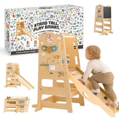 Productafbeelding van Joya Creative Leertoren 6-in-1 Inklapbaar – Montessori Keukenhulp met Glijbaan, Klimwand, Krijtbord & Activiteitenbord