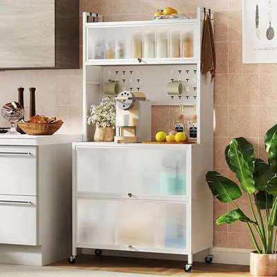 Obrázek produktu pro Kuchyňský regál s 5 úrovněmi, organizér s širokou pracovní deskou a kolečky, skříňka s dvířky, háčky a závěsnou deskou, bílá barva