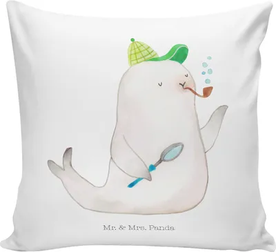 Produktbild von Mr. & Mrs. Panda kissen bedruckt Robbe Sherlock - Weiß - Geschenk, Dekokissen Sofa, Lustige Sprüche, Sofakissen 40x40, kuschelkissen, Polster