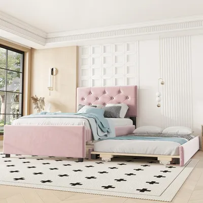 Produktbild von Polsterbett 90x200 cm Samt Kinderbett mit Kopfteil & Ausziehbarem Rollbett Rosa Flachbett Jugendbett mit Lattenrost Ohne Matratze