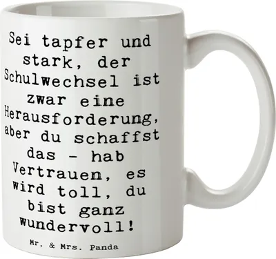 Produktbild von Mr. & Mrs. Panda Kaffeetasse Spruch Einen Schulwechsel bewältigen - Weiß - Geschenk, Trost, Erfolg, Zuversicht, Tasse, Mut, liebevoll handgefertigt, Trinkbecher, Teetasse