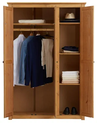 Produktbild von Kleiderschrank CANCUN aus Massivholz, gebeizt/gewachst - Schlafzimmerschrank mit Kleiderstange, verstellbare Einlegeböden, rustikaler Landhausstil, Kiefernholz und Griffe aus Metall
