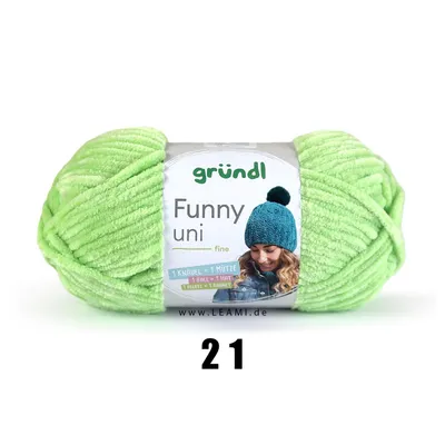 A ball of light green chenille yarn is shown against a white background. A label is attached to the yarn, featuring the brand name 'gründl', product name 'Funny uni', and an image of a woman wearing a knitted hat.