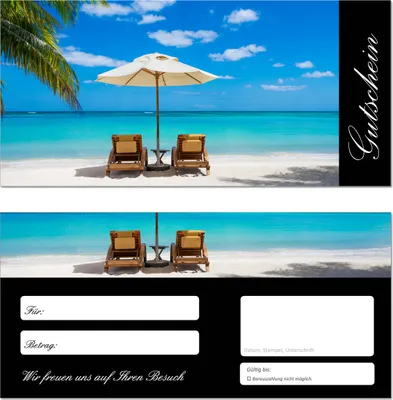 Produktbild von 10 Stück Geschenkgutscheine (Strand-647) - Gutscheinkarten Gutscheine für Bereiche Wellness, Erholung, Entspannung oder Kosmetik und Reisen Meer Palmen