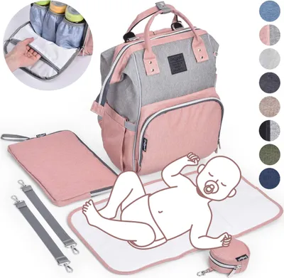 Produktbild von Daliya® PAKMI Wickelrucksack mit Schnullertasche & Wickelunterlage & Wickelunterlagentasche & Schlüsselanhänger - Wickeltasche Mamabag Tasche Rucksack mit viel Stauraum  - Rosa Grau