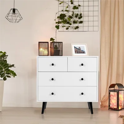 Image de Commode en bois - Commode - Rangement - Table de chevet - Meuble à tiroirs - Blanc - 4 tiroirs en 2 tailles