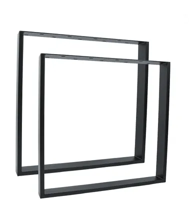 Two black metal table legs are shown against a white background.