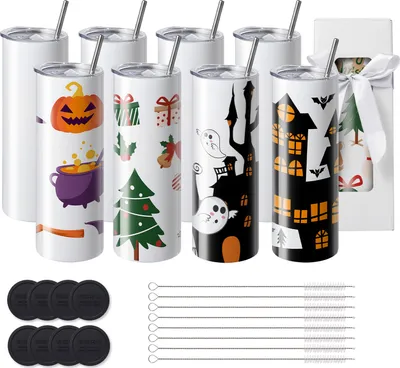 Obrázek produktu pro SucceBuy 8-pack rovný sublimační hrnek, 20 oz, nerezová ocel, přizpůsobitelné příslušenství a dárková krabička