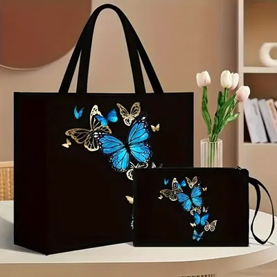 Produktbild von GKA 2 Stück Taschen Einkaufstasche schwarz mit Schmetterlingen und Kosmetiktasche  34 x 30 cm Shopper