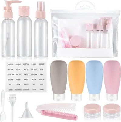 Produktbild von Reisflessen-set aus Kunststoff, 14-teilig, 60 ml, für Shampoo und Conditioner, ideal für Reisen und Badezimmerartikel.