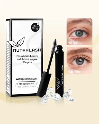 Produktbild von Nutralash Waterproof Mascara 5ml I Mascara wasserfest schwarz I Wimperntusche mit Diamantstaub I Für voluminöse, lange Wimpern I Mit Hyaluronsäure