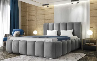Produktbild von AGMAT Polsterbett BALI mit Kopfteil, 160 x 200 cm, Doppelbett mit Bettkasten und Lattenrost aus Metall, Velourstoff: Grau