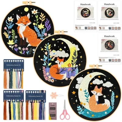 Stickerei-Set Fuchs-Motiv, 3-teilig, für Anfänger, mit Stickrahmen