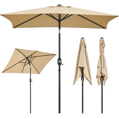 Produktbild von Yaheetech Rechteckiger Sonnenschirm Ø 227 cm, neigbarer Gartenschirm mit 6 Rippen, Terrassenschirm Kurbelschirm, Sonnenschutz, Hellbraun
