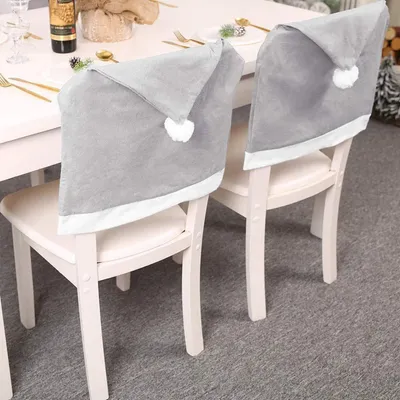 Productafbeelding van Set van 4 stoelhoesjes, kerstthema, grijs, met afbeelding van de Kerstman en een kerstmuts, gemaakt van vliesstof