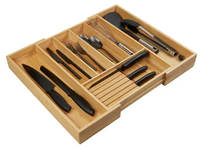 Produktbild von SOTECH ORGA-BOX III Bambus ausziehbar – 5-7 Fächer, 350 / 580 x 470 mm, mit Messerblock