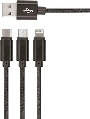 Produktbild von SETTY Nylon USB-Kabel 3in1 microUSB, Lightning, Typ-C 1m (GSM043225) schwarz