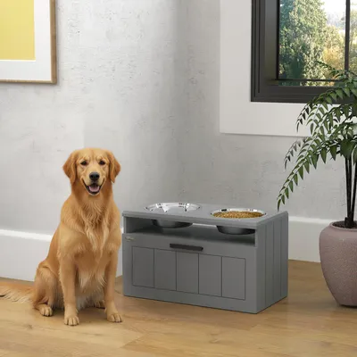 Produktbild von Hundenapfstation erhöht, 2 Edelstahlnäpfe mit Slow-Feed, Futterspender MDF, Grau | 60 x 30 x 35 cm | für Hunde 50–65 cm Schulterhöhe | 10,38 kg