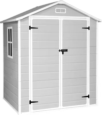A light gray plastic shed with a white trim and a window on the left side. It has double doors with black handles and hinges. There is a vent on the front gable.