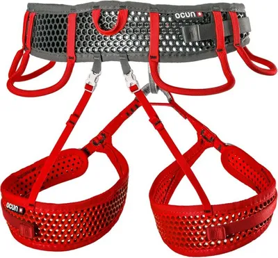 Klettergurt "WEBEE Lady" von Ocun in Rot und Grau; mit atmungsaktivem Mesh und verstellbaren Beinschlaufen.