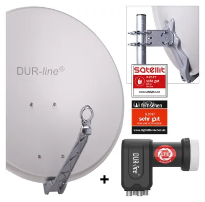 A satellite dish, LNB, and mounting hardware are displayed against a white background, along with several certification badges.