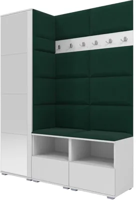Productafbeelding van Garderobeset Nela II met spiegel, beklede garderobe met twee schoenenkasten en wandpanelen, en een garderobe voor de hal met een hoge kast (kleur: wit + Trinity 28 (flessengroen))