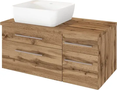 Produktbild von Waschtisch-Unterschrank 90 cm mit Siphonausschnitt Links inkl. Keramik Waschbecken TAREE-03 in Wotaneiche Nb., B/H/T: 90/55/47 cm
