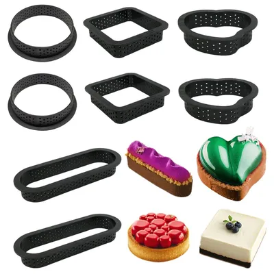 Backformen-Set, 8 perforierte Ringe, 4 Formen, Kunststoff, schwarz