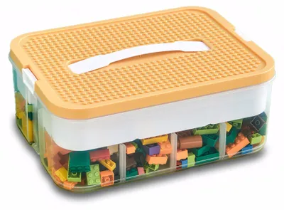 Produktbild von Aufbewahrungsbox mit Deckel für Lego, transparente Sortierbox, Boxen für Bausteine, stapelbare Kunststoffboxen mit Fächern zur Aufbewahrung von Legosteinen, Kleinteilen und Bastelmaterialien.