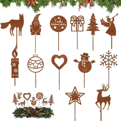 Produktbild von Gartenstecker Rost Weihnachten,13 Stück Metall Roststecker Weihnachten Set,Weihnachtsstecker Rost,Blumenstecker Weihnachten,Rostige Gartendeko,Metallstecker Garten zum Advent Weihnachten Dekoration