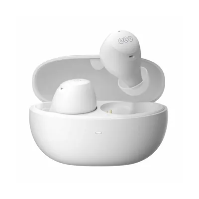 A pair of white wireless earbuds in their charging case, with one earbud removed from the case.