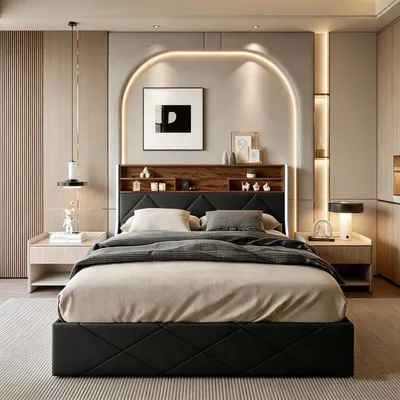 Immagine prodotto di Letto matrimoniale con rete a molle INONEFT, 140x200 cm, con illuminazione LED e porte USB/Type-C, struttura imbottita, contenitore a letto, sistema di sollevamento idraulico, adatto anche per ragazzi, rivestito in PU, colore nero.