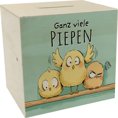 Produktbild von Küken Spardose aus Holz mit Spruch Ganz viele Piepen
