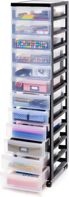 Produktbild von Kunststoff-Schubladenbox mit Rollen, 12 flachen Schubladen, Schwarz, Griffe zum Ziehen, Für Schlafzimmer, Bad, Schule & Büro, BPA-frei, Schubladenschrank, Rollcontainer, A4 Drawer, DC-012